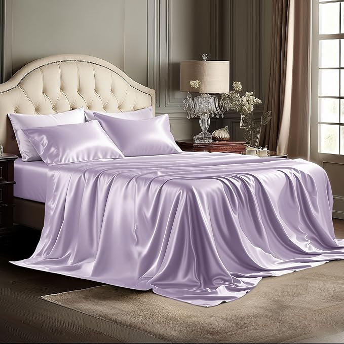 Bedsure Satin Sheets Full Size - 4 Piece Silky Bedsheets with 15 Inches Deep Pocket Fitted Bedsheet,1 Flat Sheet, 2 Satin Pillowcases, Good for Hair & Skin (Full, Lavender)