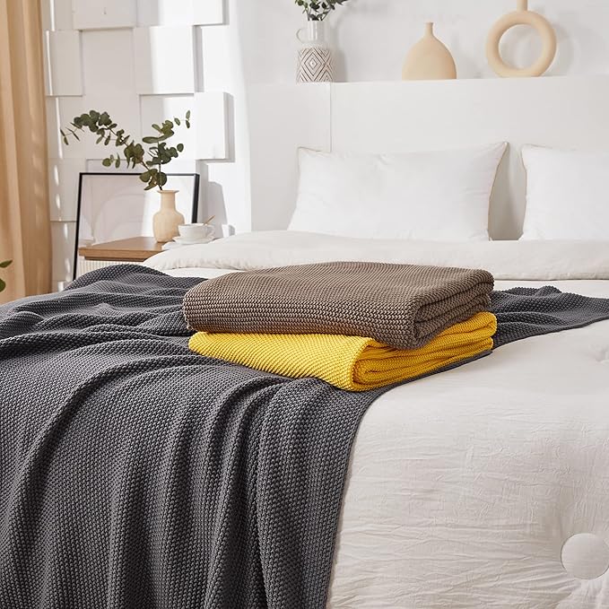 Longhui bedding Medium Grey 100% Cotton Cable Knit Lightweight Throw Blanket for Couch Sofa Bed Home Décor, Bonus Laundering Bag, Gray Color 50“ x 60” Machine Washable