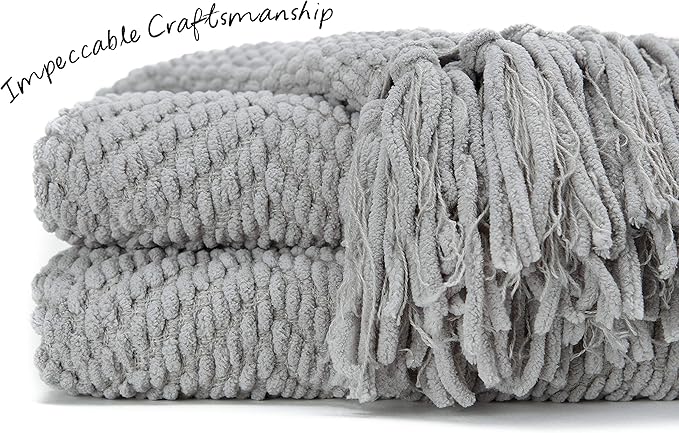 Chanasya Premium Textured Knit Throw Blanket with Tassels - Soft, Cozy Blanket for Couch, Bed, Living Room - 50" x 65” - Silver