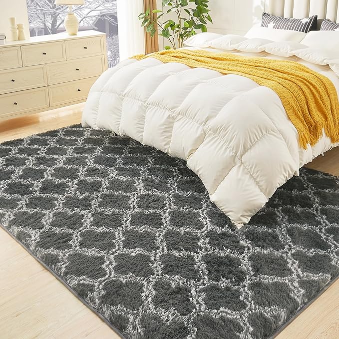 Litanika 5x8 Geometric Shag Area Rug for Bedroom, Dark Grey and White High Pile Ultra Soft Plush Shaggy Furry Bedside Playroom Dorm Carpet, Non-Slip, Non-Shedding Indoor Floor Rug