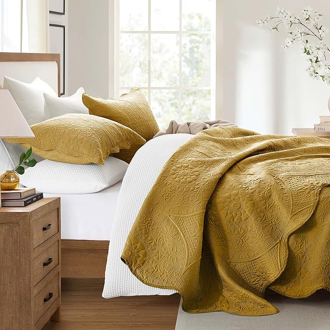 IR Imperial Rooms 10 Pack Queen Quilt Bedding Set (90" x 96") - Bulk Wholesale for Hotels, Guest Bedroom & Airbnbs - Lightweight Microfiber Reversible Floral Embossed Quilts Bedspreads (Ochre)