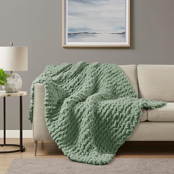 Madison Park Chenille Chunky Knit Handmade Throw Blanket, Luxuriously Soft Gift Blankets, Cottage Style Room Décor, Lightweight & Breathable All Seasons Throw Blanket for Couch, 50"W x 60"L Sage Green