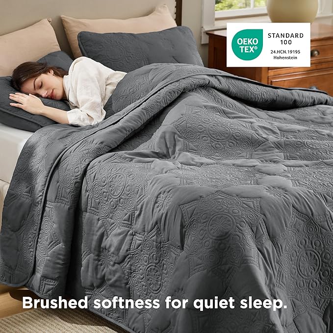 Bedsure Quilts Queen Size - Dark Grey Bedspread Queen Size & Lightweight Comforter, Modern Coverlet with Mandala Pattern, Ultra Soft All-Season Bedding, 90 x 96 Inches | Stitch-Free Quilting, Ultra Soft, Lightweight, Machine Washable, Pet-Friendly