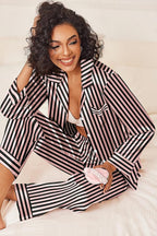 Ekouaer Womens Silk Satin Pajama Sets 2 Piece Sleepwear Pjs Set Long Sleeve Button Down Top and Pants Stripe Loungewear S-XXL