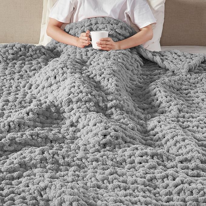 Madison Park Chenille Chunky Knit Handmade Throw Blanket, Luxuriously Soft Gift Blankets, Cottage Style Room Décor, Lightweight & Breathable All Seasons Throw Blanket for Couch, 50" W x 60" L Grey