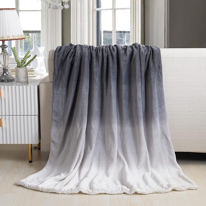 Elegant Comfort Throw Blanket, Reversible Sherpa Flannel, Ultra-Soft, Fuzzy, Cozy and Plush- All Season Lightweight Decorative Throw, 50 x 60 inches, Ombre Design Sherpa Throw, Gray