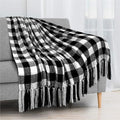 PAVILIA Plaid Chenille Blanket for Twin Size Bed, Soft Black and White Buffalo Plaid Checkered with Tassel Fringe, Woven Knitted Decorative Blanket for Sofa Couch Living Room Decor, Twin 60x80