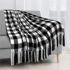 PAVILIA Plaid Chenille Blanket for Twin Size Bed, Soft Black and White Buffalo Plaid Checkered with Tassel Fringe, Woven Knitted Decorative Blanket for Sofa Couch Living Room Decor, Twin 60x80