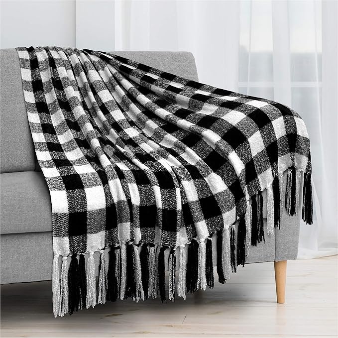 PAVILIA Plaid Chenille Blanket for Twin Size Bed, Soft Black and White Buffalo Plaid Checkered with Tassel Fringe, Woven Knitted Decorative Blanket for Sofa Couch Living Room Decor, Twin 60x80