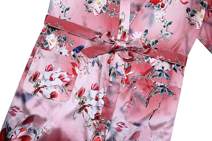 Valennia Women Long Silky Bathrobe Satin Kimono Robe Floral Printed Dressing Gown Sleepwear