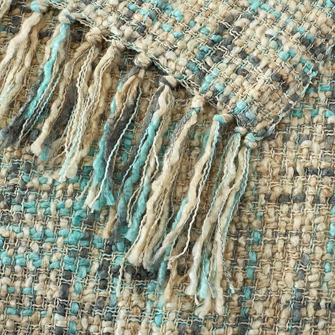 Multi-Color Blue Grey Cable Woven Throw Blanket for Couch,50"X60" Boho Style Textured Blankets for Home Decor,Super Soft Warm Cozy Chunky Blanket with Decorative Tassels for Bed