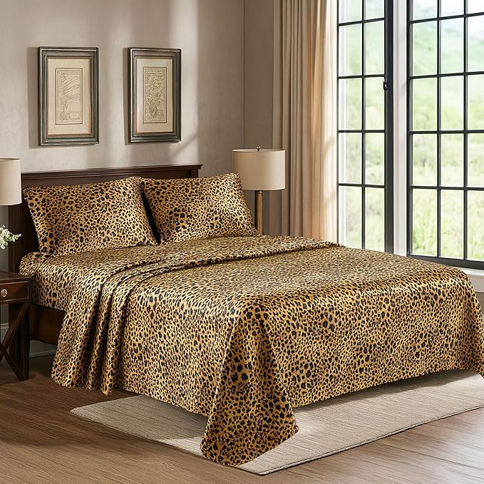 Satin Sheets California King [4-Piece, Gold Leopard] Luxury Silky Bed Sheets - Extra Soft 1800 Microfiber Sheet Set, Wrinkle, Fade, Stain Resistant - Deep Pocket Fitted Sheet, Flat Sheet, Pillow Cases