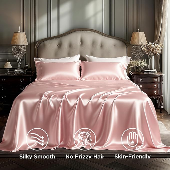 Bedsure Pink Satin Sheets King Size - 4 Piece Silky Bedsheets with 15 Inches Deep Pocket Fitted Bedsheet,1 Flat Sheet, 2 Satin Pillowcases, Good for Hair & Skin (King, Peach Pink)