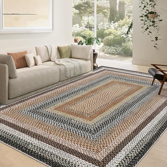 RUGSREAL Braided Washable Area Rug 8x10 Large Area Rug for Living Room Modern Braid Bedroom Carpet Non Slip Stain Resistant Dining Room Throw Rug Farmhouse Accent Carpet for Home Decor, Sand/Bronze