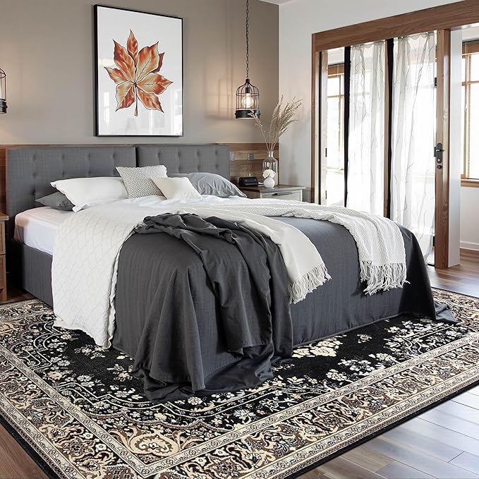 CRYPTOLITE 9x11 Area Rug for Living Room, Modern Washable Rug Non Slip Low Pile Large Area Rugs for Living Room, Bedroom, Farmhouse, Dining Room,Black