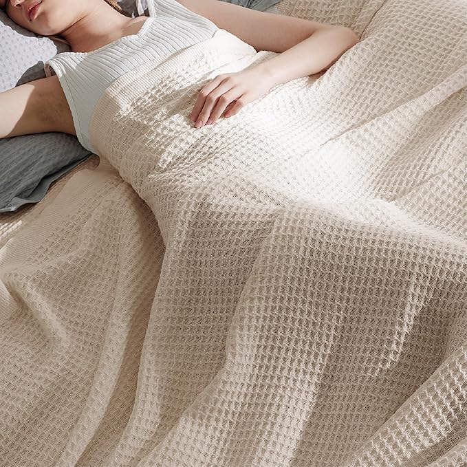 Bedsure Gentlesoft 100% Cotton Big Blanket Oversized King for Bed - Large Breathable Thick Waffle Weave Blanket for Summer, Couch Cover, Light Beige, 120x94 inches