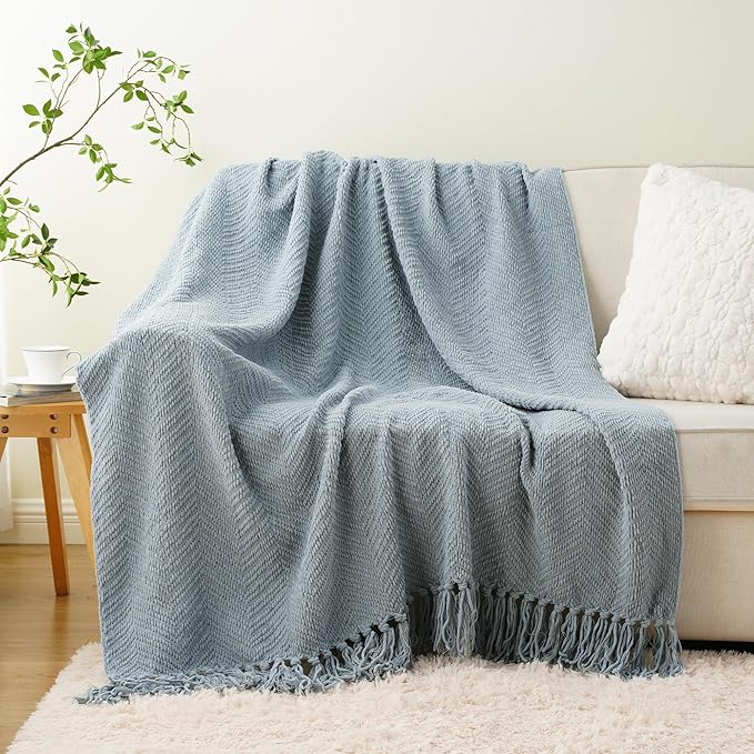 BATTILO HOME Bluish Grey Chenille Throw Blanket for Couch, Knit Throw Blanket,Super Soft Warm Home Decor Throw Blanket with Tassels for Bed,Sofa and Living Room,60" x 80"