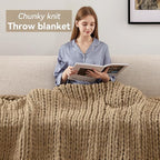 Negwoo Chunky Knit Throw Blanket, 60''*80'' Knitted Throw Chenille Yarn for Bed Couch, Handmade Light Brown Crochet Big Thick Blanket, Machine Washable Cute Comfy Blanket for Home Decor