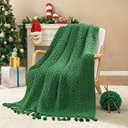 Chunky Knit Throw Blanket with Braided Tassels 50" x 60", Hand Knitted Soft Thick Yarn Basket Weave Boho Farmhouse Blanket, Plush Fluffy Tassel Decor Throw for Couch Bed Sofa, Christmas Green