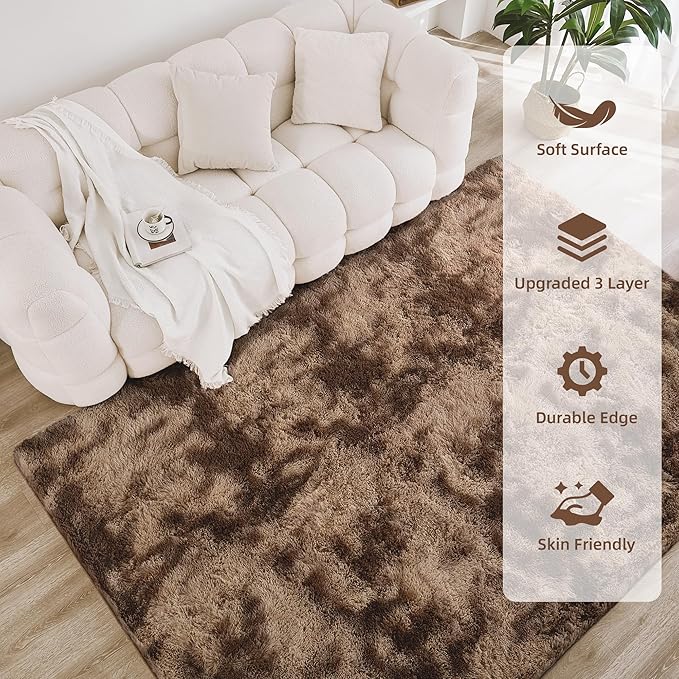 Litanika 6x9 Shag Area Rug for Living Room Bedroom, Tie-Dyed Brown High Pile Soft Plush Shaggy Furry Bedside Playroom Dorm Carpet, Non-Slip, Non-Shedding Modern Indoor Floor Rug