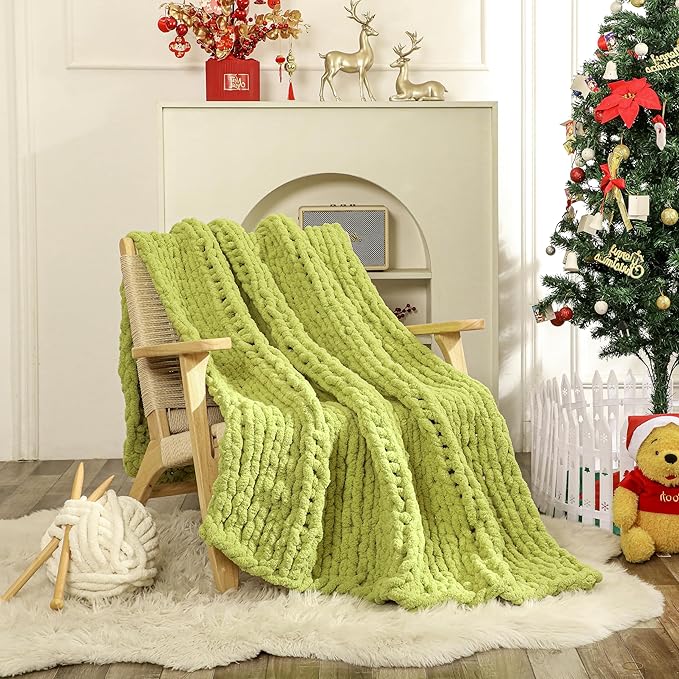 WESHIONGOO Chunky Knit Blanket Throw 51"×63" Knitted Throw Blankets for Couch Bed Fluffy Soft Blanket with Jumbo Chenille Yarn Thick 100% Handmade (Lime Green)