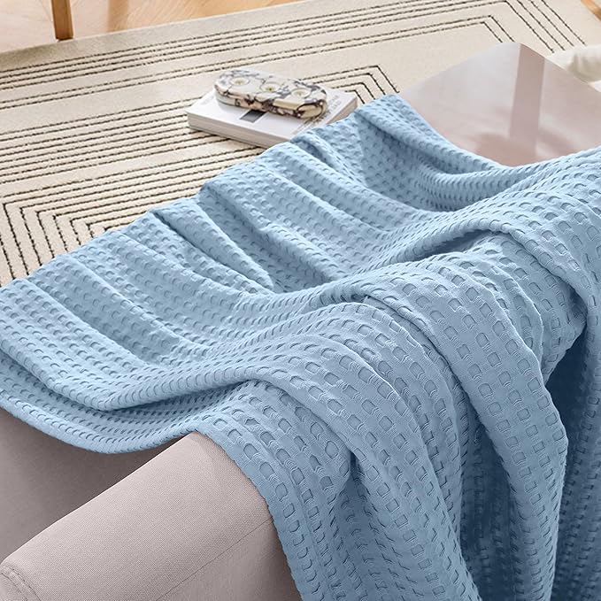Elegant Comfort Premium 100% Cotton Waffle Blanket - Lightweight Breathable Waffle Weave Bed Blanket - Soft and Warm All Season Blanket for Couch, Sofa and Bed, Full Size 88x88 Inches, Light Blue