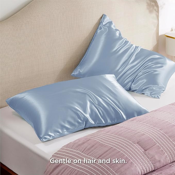 Bedsure Satin Pillowcase with Zipper, Similar to Silk Pillow Cases 2 Pack, Satin Pillow Cases King, Silky & Soft Bedding Pillow Covers for Hair and Skin, Gifts for Women Men, Stone Blue, 20x36 Inches