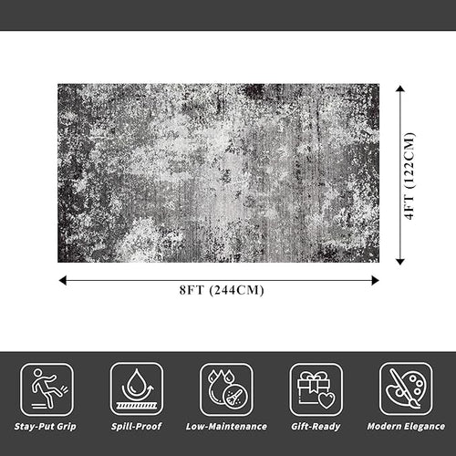 4x8 Rug Non-Slip Washable – Boho Scalloped Runner Rug for Indoor Entryway, Kitchen, Bathroom, Hallway – Low-Pile Thin Floral Wide Carpet Runner for Bedroom, Living Room, Office (Black Grey,4x8)