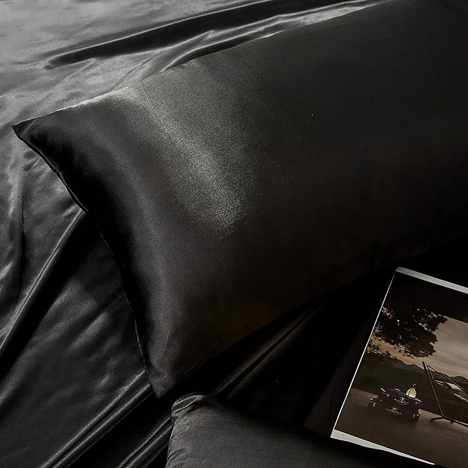 Black King Size Satin Pillowcases Set of 2 for Hair and Skin,Black Silk Pillowcase Breathable Pillowcase with Envelope Closure