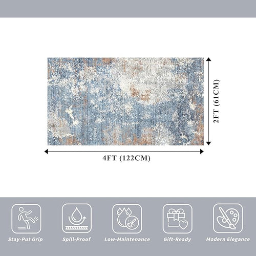 2x4 Runner Rug Washable Non-Slip – Small Throw Rug for Kitchen Floor, Bedroom, Entryway, Bathroom, Bedside – Modern Abstract Neutral Low-Pile Thin Indoor Door Mat（Blue Rust,2x4）