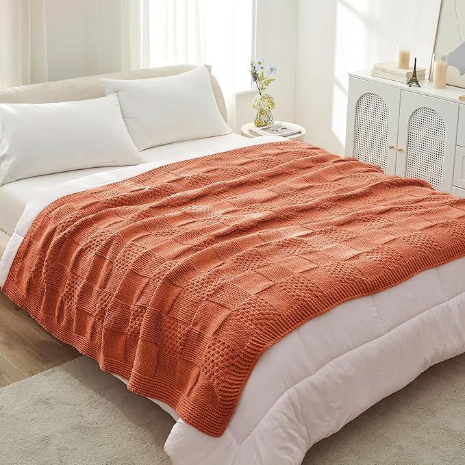 Amélie Home Knit Throw Blanket, Soft Chenille Cozy Breathable Checkered Chunky Decorative Blanket for Couch, Bed & Sofa, French-Inspired Lightweight Warm Gift for Women, Orange, 50"x60"
