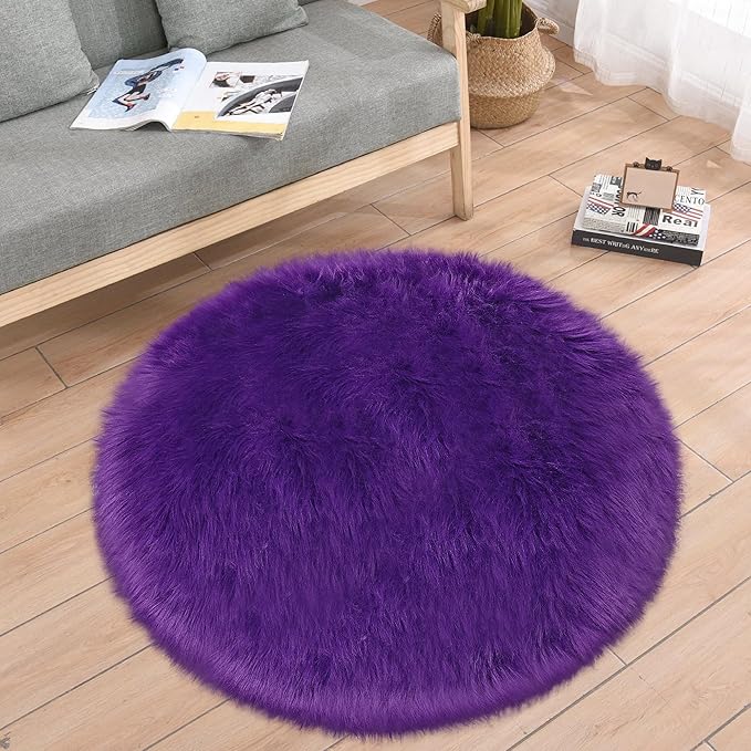 Fluffy Purple Round Rug 3ft Faux Small Fur Circle Rugs for Bedroom Living Room, Soft Furry Faux Sheepskin Round Mat Carpet for Room Floor Decor Chair Seat Covers Plush Throw Rugs Circular
