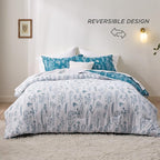 Bedsure Queen Comforter Set - Teal Blue Bed Set, 3 Pieces Cute Floral Bedding, 1 Soft Reversible Botanical Flowers Comforter and 2 Pillow Shams