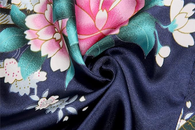 Valennia Women Long Silky Bathrobe Satin Kimono Robe Floral Printed Dressing Gown Sleepwear