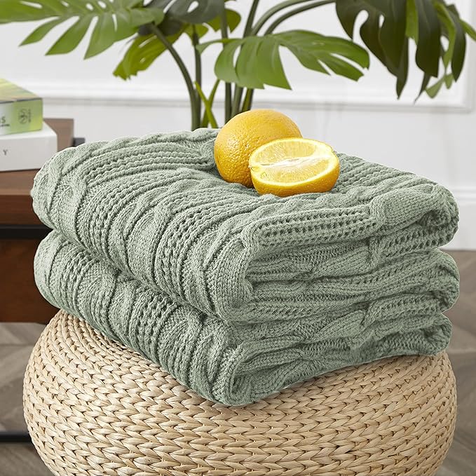 Aormenzy Cable Knit Throw Blankets 60 x 80 Inches, Soft Cozy and Lightweight Knitted Blanket, Machine Washable Acrylic Blanket, Decorative Throw Blanket for Couch Sofa Bed, Sage Green
