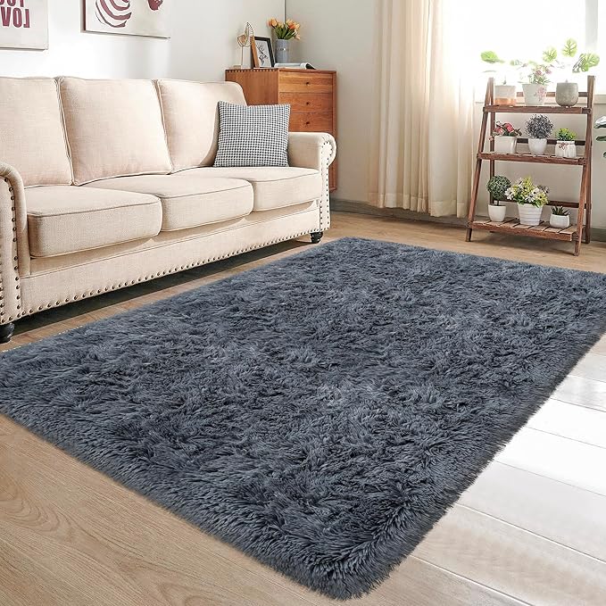 Fluffy Rugs for Bedroom 4x6 Grey Shaggy Rug for Living Room Soft Fur Rug Non Slip Modern Indoor Furry Floor Carpet Washable Plush Fuzzy Kids Area Rug for Nursery Baby Teen Dorm Room