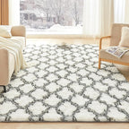 Litanika 4x6 Geometric Shag Area Rug for Bedroom, White and Grey High Pile Ultra Soft Plush Shaggy Furry Bedside Playroom Dorm Carpet, Non-Slip, Non-Shedding Indoor Floor Rug