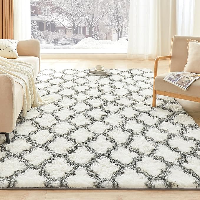 Litanika 6x9 Geometric Shag Area Rug for Bedroom, White and Grey High Pile Ultra Soft Plush Shaggy Furry Bedside Playroom Dorm Carpet, Non-Slip, Non-Shedding Indoor Floor Rug