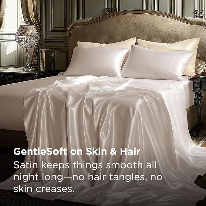 Bedsure Satin Sheets Full Size - 4 Piece Silky Bedsheets with 15 Inches Deep Pocket Fitted Bedsheet,1 Flat Sheet, 2 Satin Pillowcases, Good for Hair & Skin (Full, Beige)