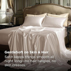 Bedsure Satin Sheets Queen Size - 4 Piece Silky Bedsheets with Elastic Corner Straps and 15 Inches Deep Pocket Fitted Bedsheet,1 Flat Sheet, 2 Satin Pillowcases, Good for Hair & Skin (Queen, Beige)