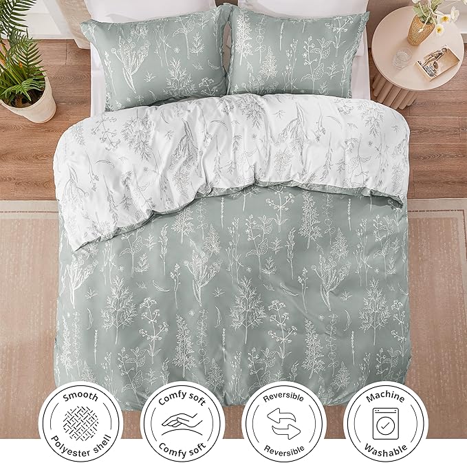 Love's cabin Grey Queen Comforter Set - Queen Size Comforter Set, 3 Pieces Cute Floral Bedding Sets for All Seasons,1 Soft Reversible Botanical Flowers Comforter and 2 Pillow Shams