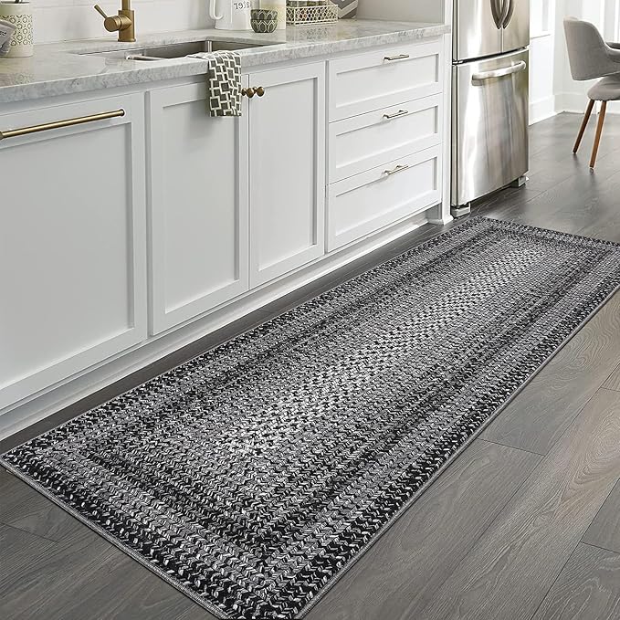 2x6 Boho Runner Rug Braided Print Hallway Area Rug Machine Washable Throw Floor Cover Non Slip Moroccan Runner Carpet for Kitchen Farmhouse Rustic Carpet for Living Room Bedroom, Black