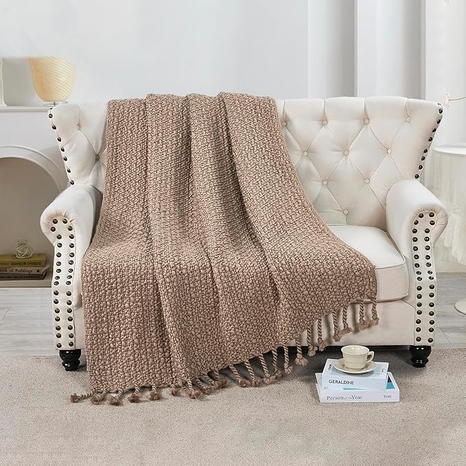 Chunky Knit Throw Blanket with Braided Tassels 50" x 60", Hand Knitted Soft Thick Yarn Basket Weave Boho Farmhouse Blanket, Plush Fluffy Tassel Decor Throw for Couch Bed Sofa, Brown