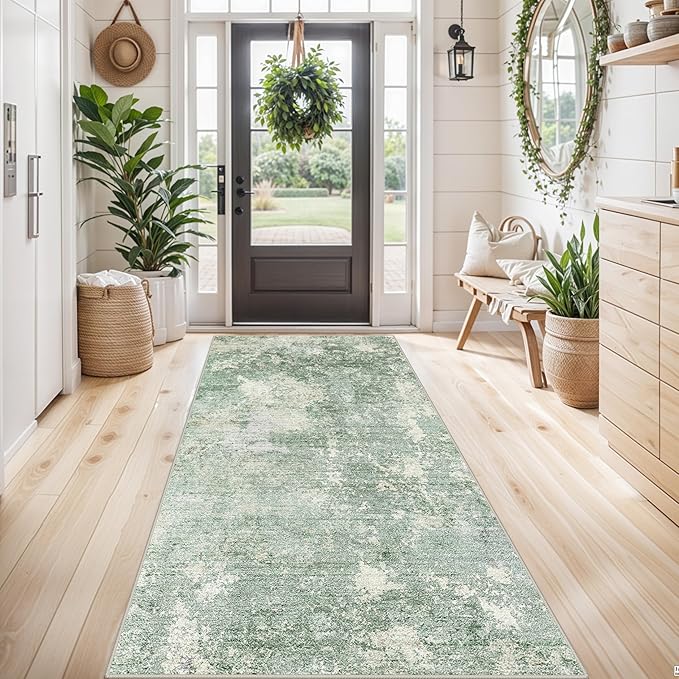 4x8 Washable Indoor Entryway Rug – Non-Slip Rubber Backed Floor Mat for Kitchen, Hallway, Bedroom – Modern Abstract Low-Pile Thin Wide Carpet Runner for Bathroom, Living Room, Office (Sage Green, 4x8)