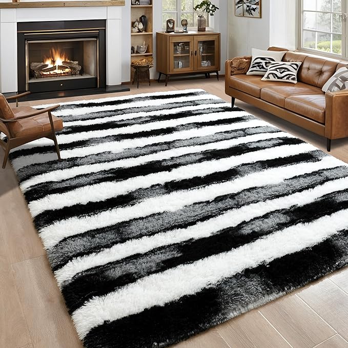 Noahas Large Fluffy 5x8 Area Rugs for Living Room Bedroom,Thick Shag Black and White Throw Rug,Big Soft Shaggy Bedside Non-Slip Plush Dorm Nursery Kids Carpet