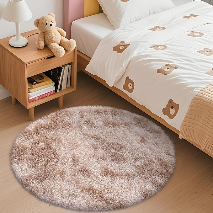 OLANLY Beige Tie-dye Round Rugs for Bedroom - Machine Washable, 3x3 Feet Circle Area Rugs for Living Room, Soft and Fluffy Shaggy Carpet for Girls and Boys, Nursery Rooms, Dorms, Home Decor Aesthetic