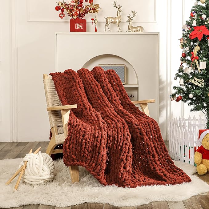 WESHIONGOO Chunky Knit Blanket Throw Knitted Throw Blankets for Couch Bed Fluffy Soft Blanket with Jumbo Chenille Yarn Thick 100% Handmade(Rust, 51"×63")