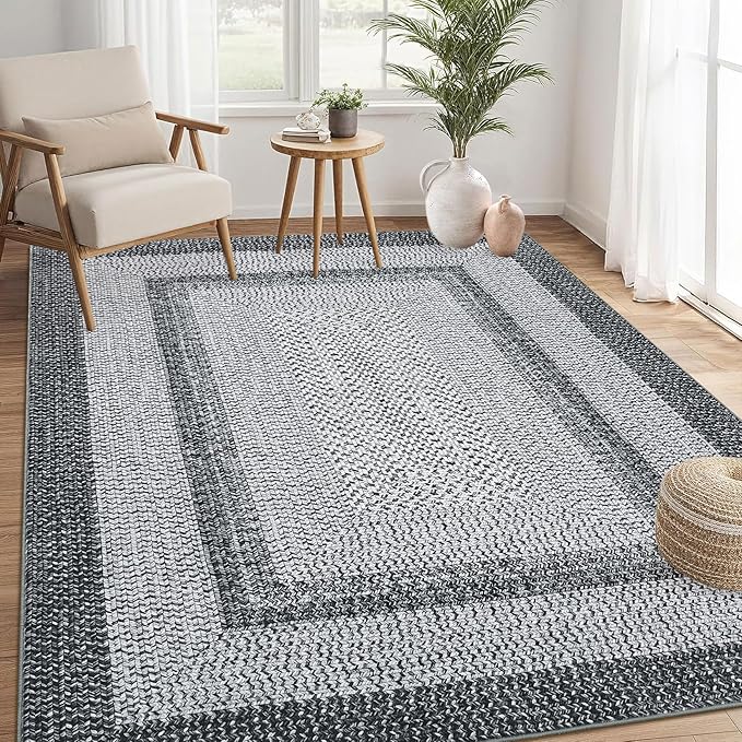 RUGSREAL 8x10 Braided Print Area Rug Washable Rug Non Slip Farmhouse Rustic Floor Carpet Boho Dining Room Throw Carpet Modern Geometric Floor Cover Bohemian Border Rug for Living Room Bedroom, Grey