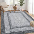 RUGSREAL Large Bedroom Rug 6x9 Machine Washable Rug Braided Print Boho Accent Throw Floor Cover Farmhouse Rustic Carpet Geometric Bordered Braided Carpet for Living Room Home Office, Grey