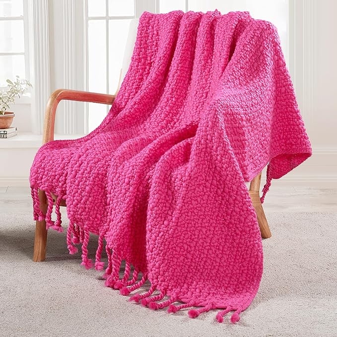 Home Soft Things Basket Weave Throw Blanket, Soft Cozy Warm Blanket with Braided Decorative Throw for Couch Sofa Outdoor Indoor, Hot Pink, 50''x60